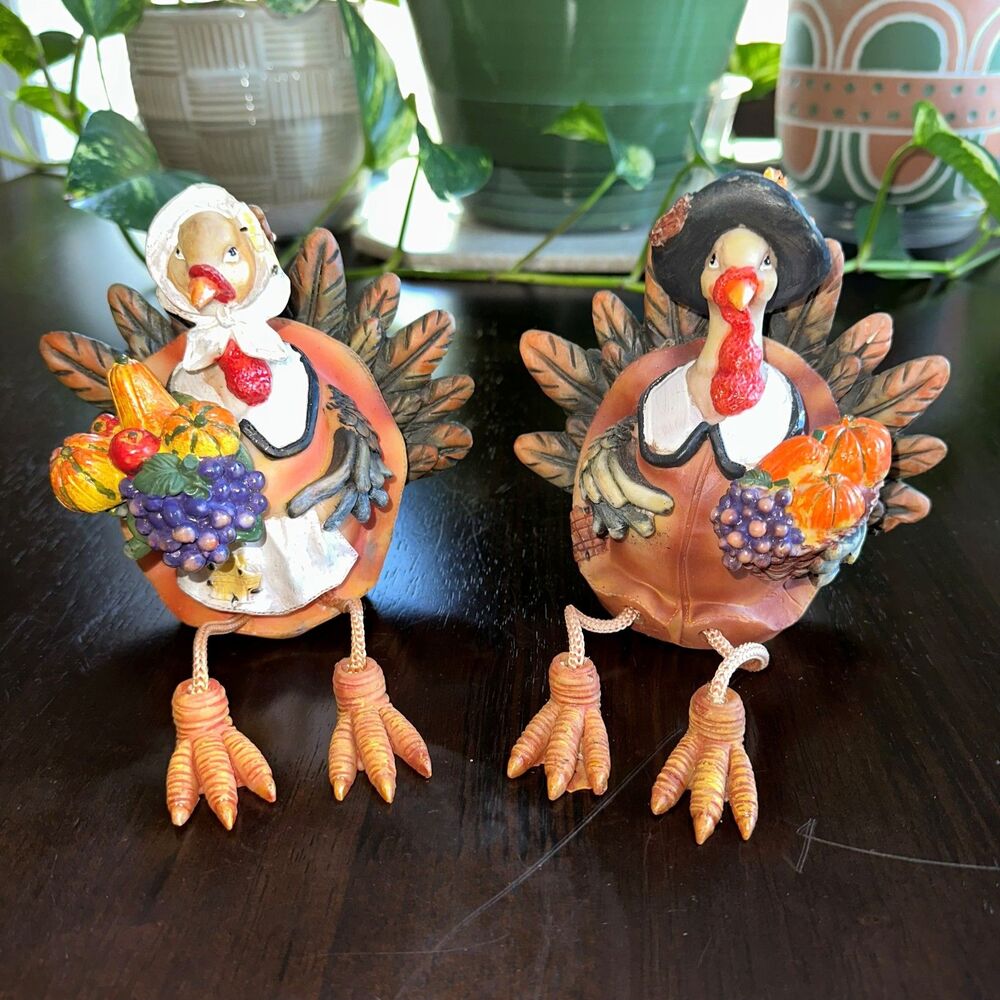 Thanksgiving Turkey Couple Figurine Set Shelf-Sitters Holiday Cottagecore